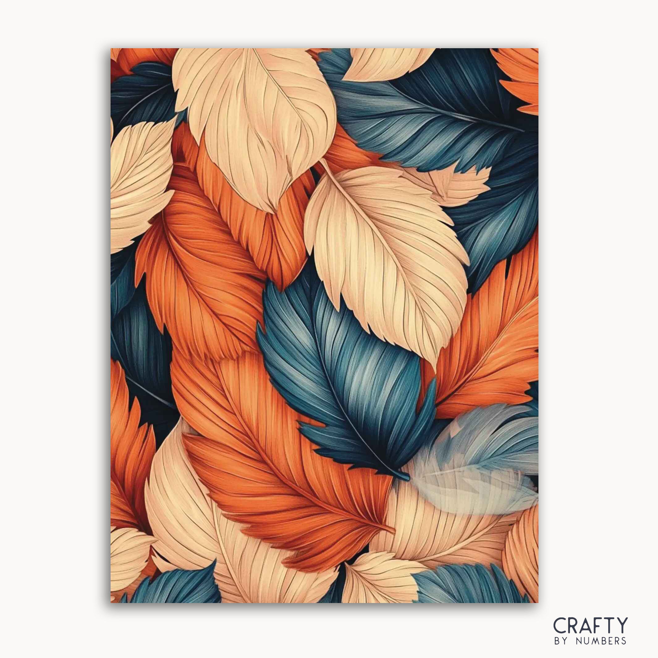 A paint-by-numbers kit with a design of autumn leaves in gold, crimson, and blue colors.