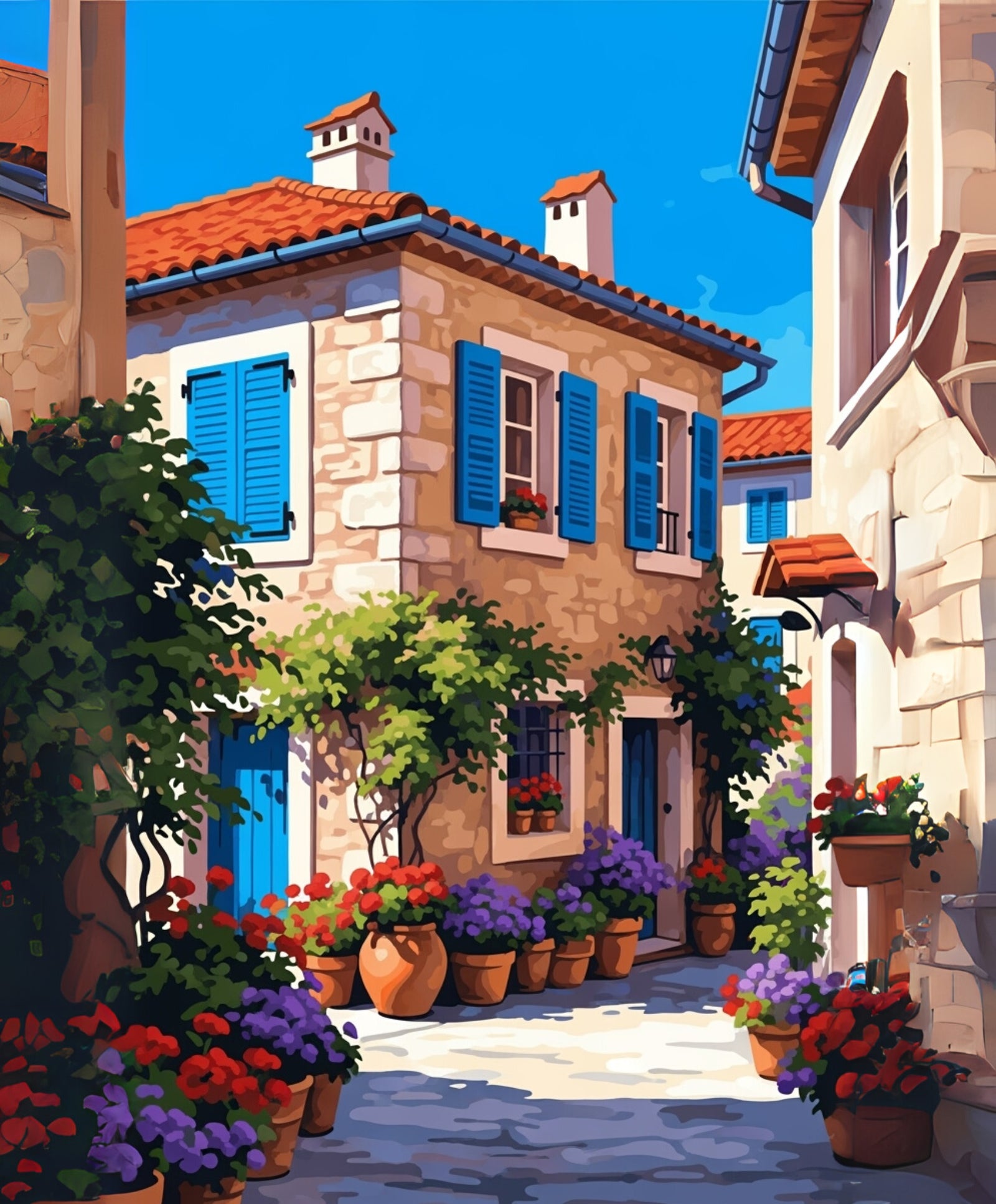 Colorida escena callejera con edificios de piedra, contraventanas azules y flores en macetas bajo un cielo azul claro.