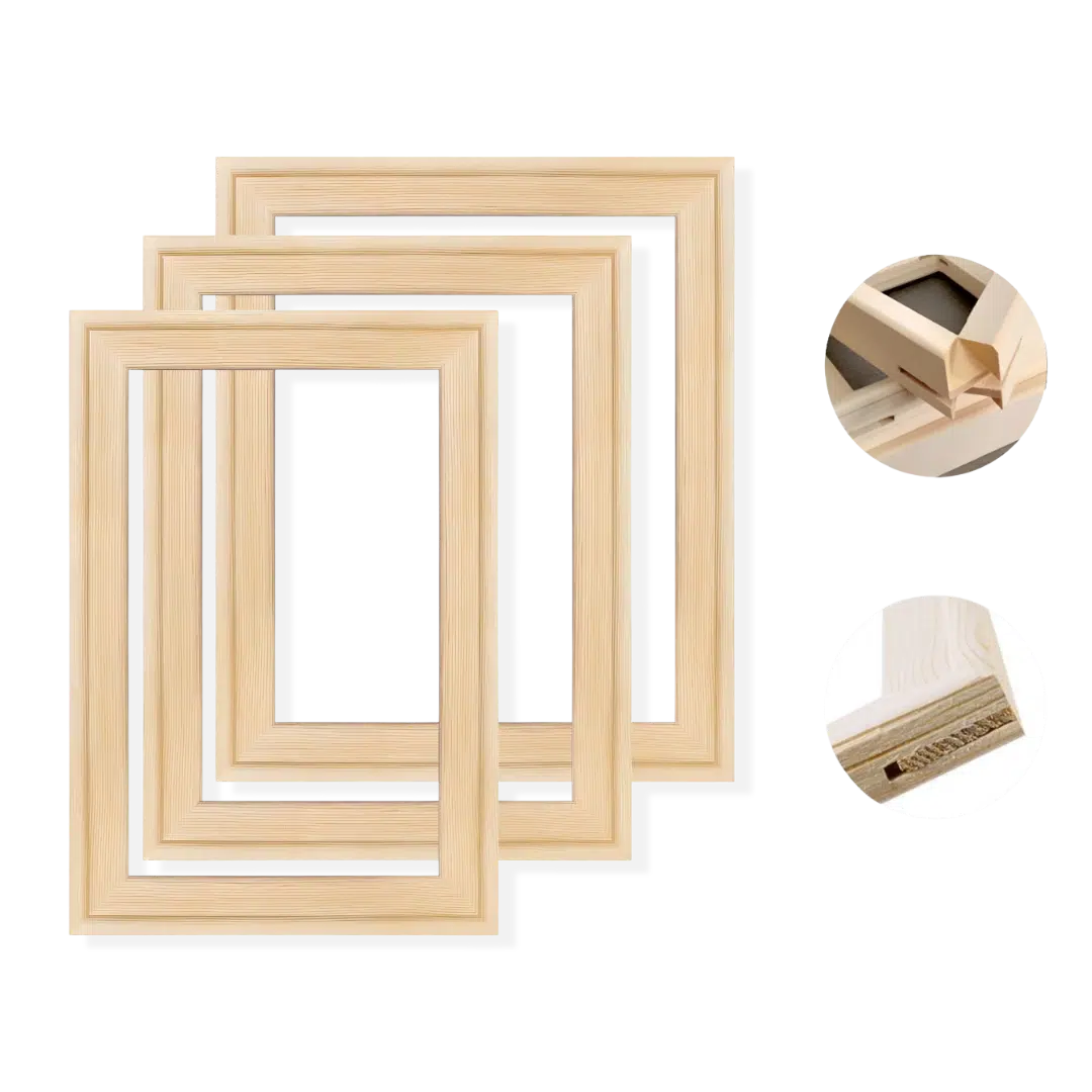 Set of wooden picture frames with a close-up of a gold corner piece on a white background