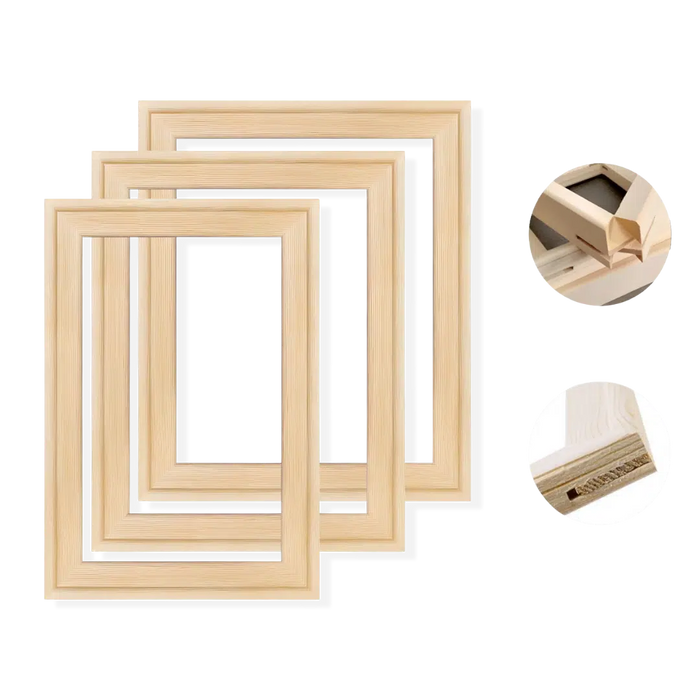 Set of wooden picture frames with a close-up of a gold corner piece on a white background