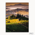 A painted depiction of a Tuscany landscape with green hills, blue sky, and cypress trees.