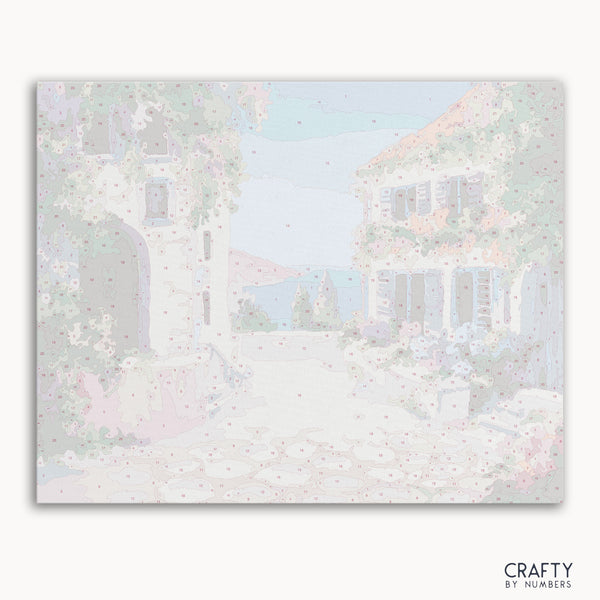 Santorini streets paint by numbers kit with whitewashed houses and blue domes