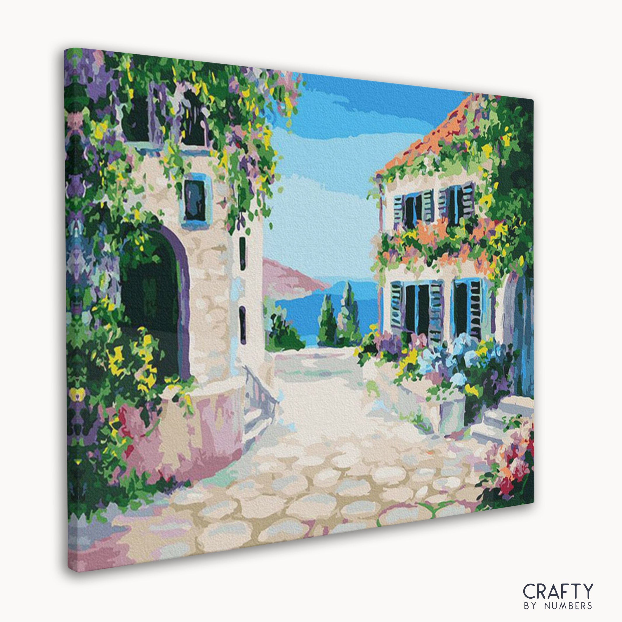 Paint by numbers of a charming Santorini alley with colorful flowers