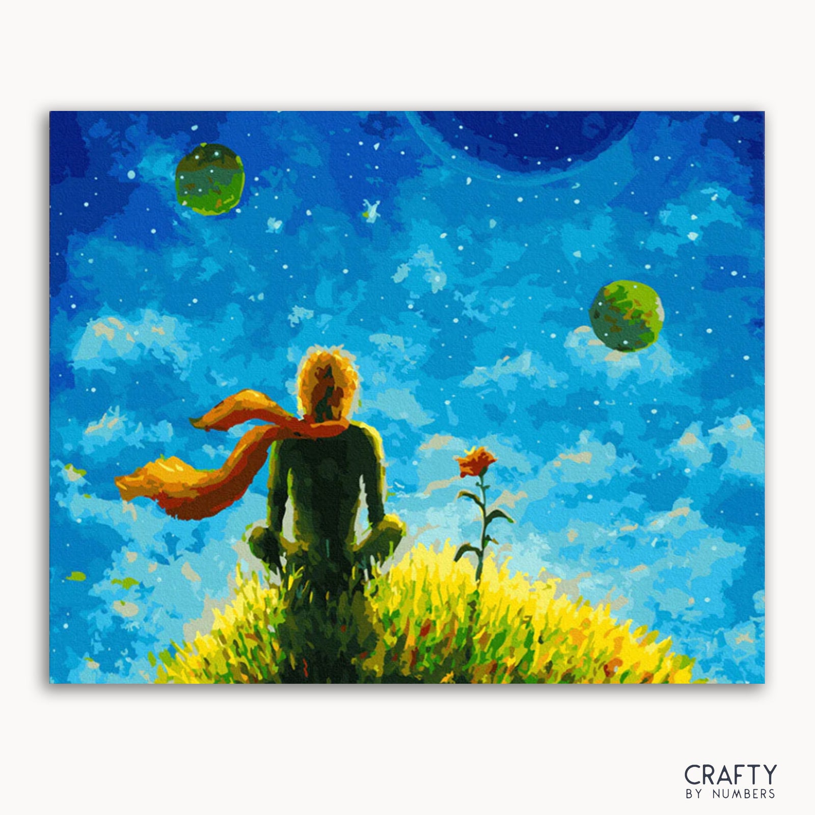 Ein Gemälde, das eine Figur aus „Der kleine Prinz“ zeigt, die auf einer Rose sitzt, mit einem Sternenhimmel und zwei Planeten im Hintergrund.