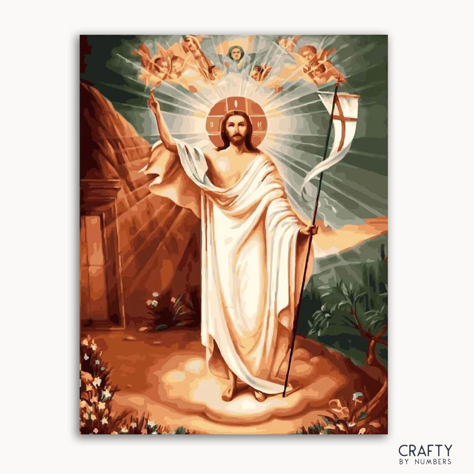 Pintura que representa una figura radiante de Cristo con una cruz, rodeada de una luz radiante, con un paisaje rocoso como telón de fondo.