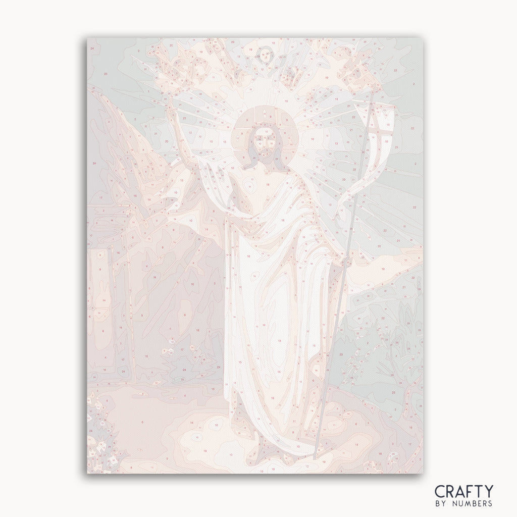 Risen Christ paint by number inspired by famous paintings with vibrant colors like van gogh famous paintings and famous art paintings.
