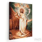 A painting depicting a radiant image of Christ with a halo, raised hands, and surrounded by angelic figures against a warm background.