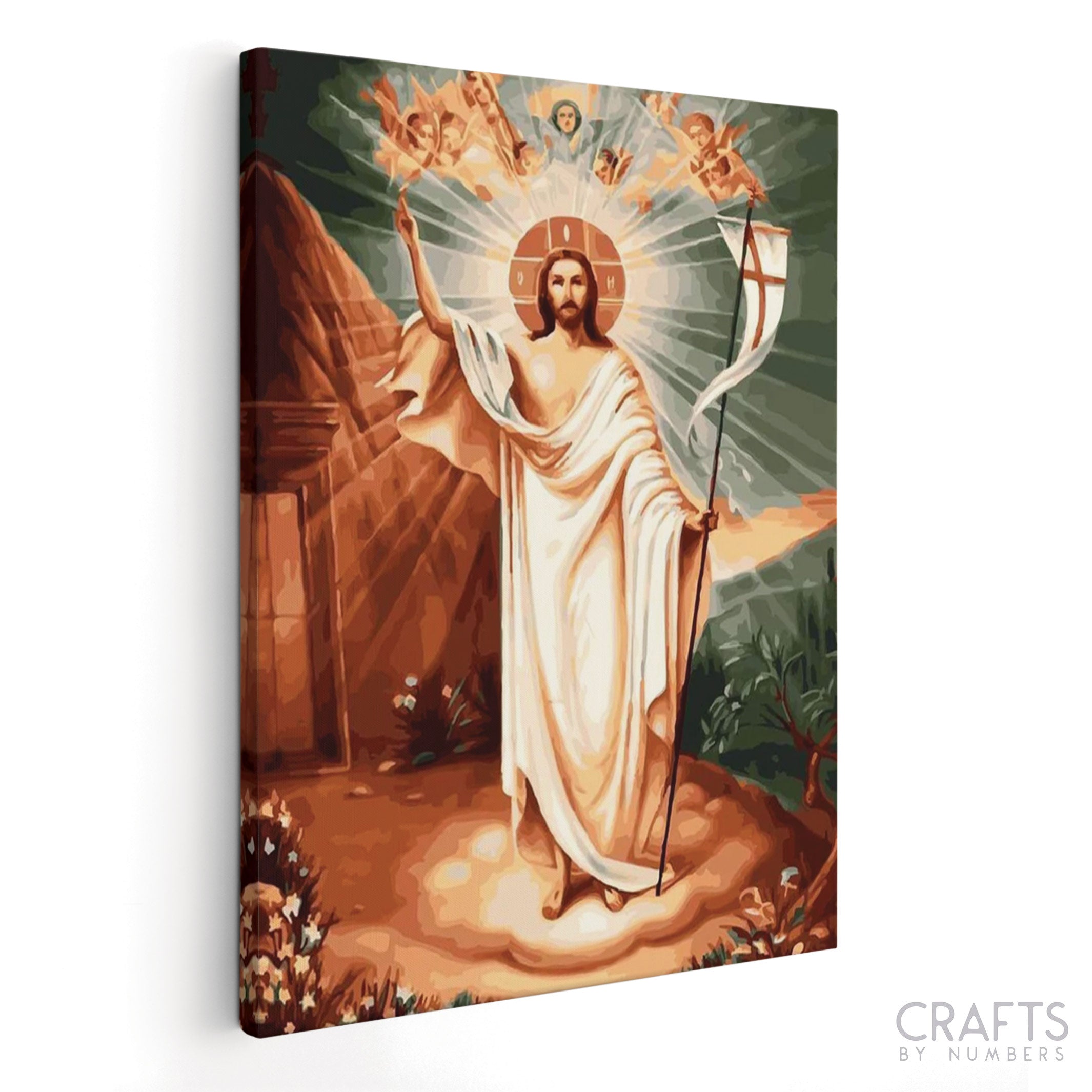 A painting depicting a radiant image of Christ with a halo, raised hands, and surrounded by angelic figures against a warm background.