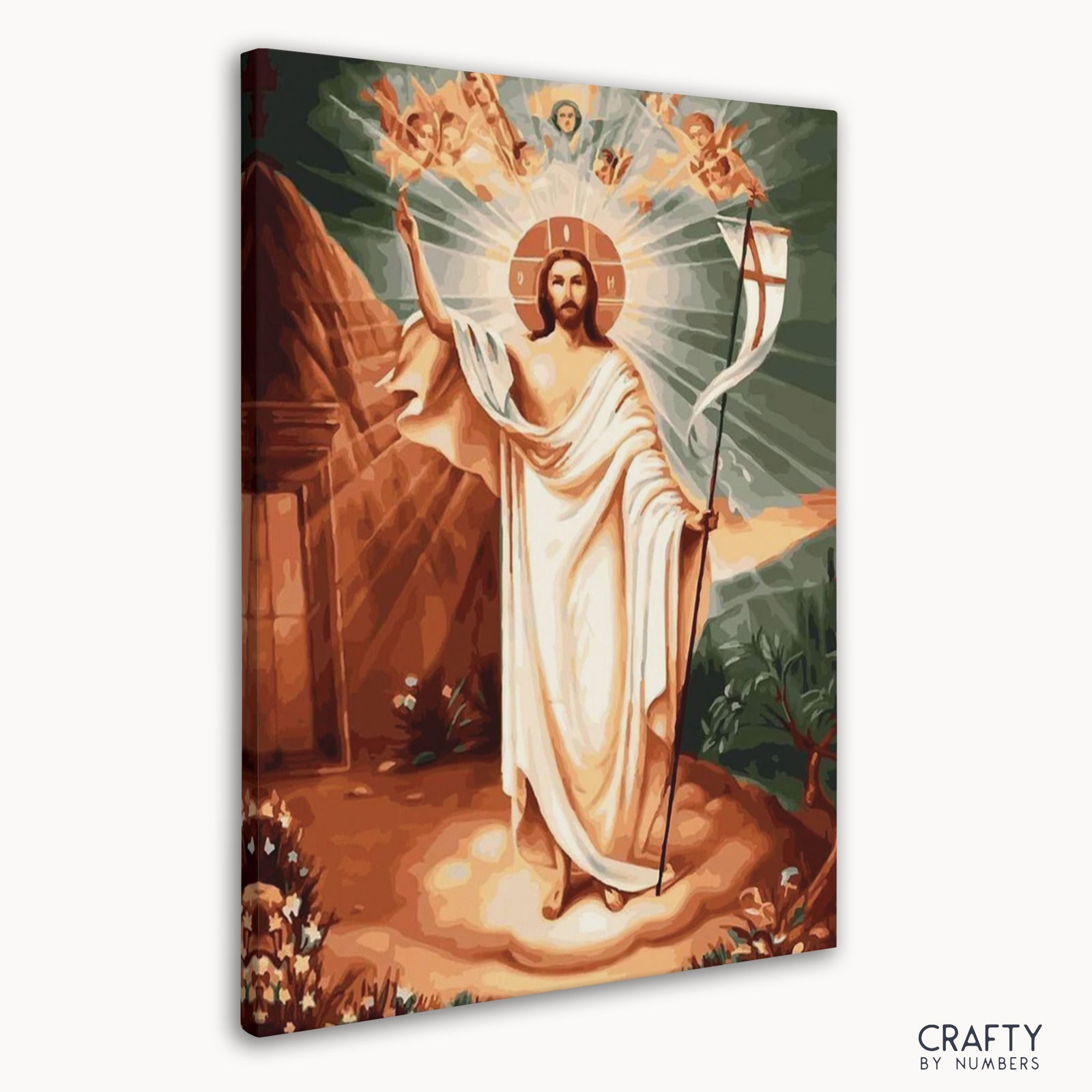 Pintura detallada de Cristo Resucitado por número que se asemeja a pinturas famosas de personas y pinturas de artistas famosos.