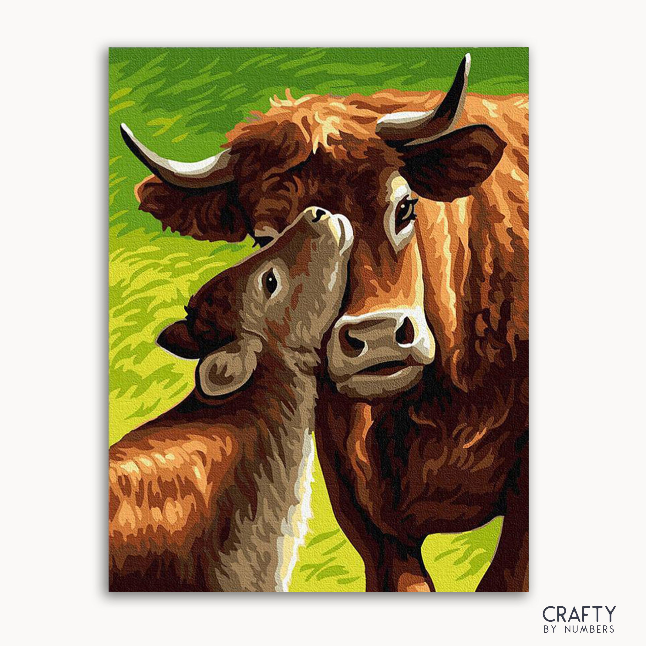 A painting of a mother cow and her calf close together with a green background, part of a 'Mother's Care' series.