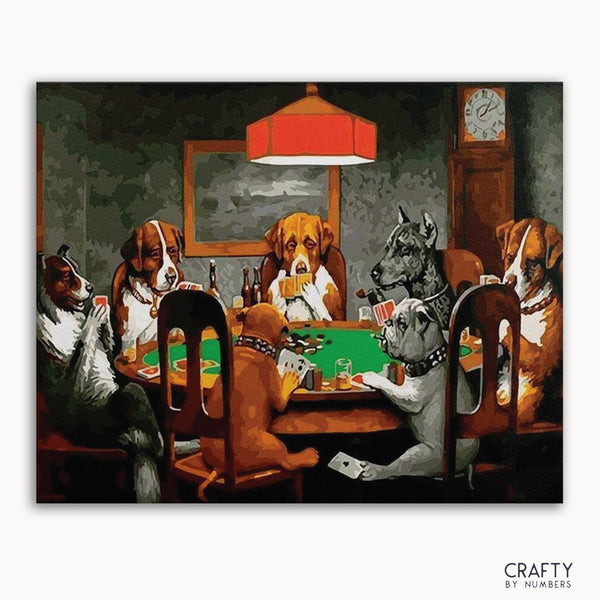 A paint-by-numbers kit depicting a group of dogs sitting around a table playing poker, with a representation of a red light above them, on a crafting canvas.