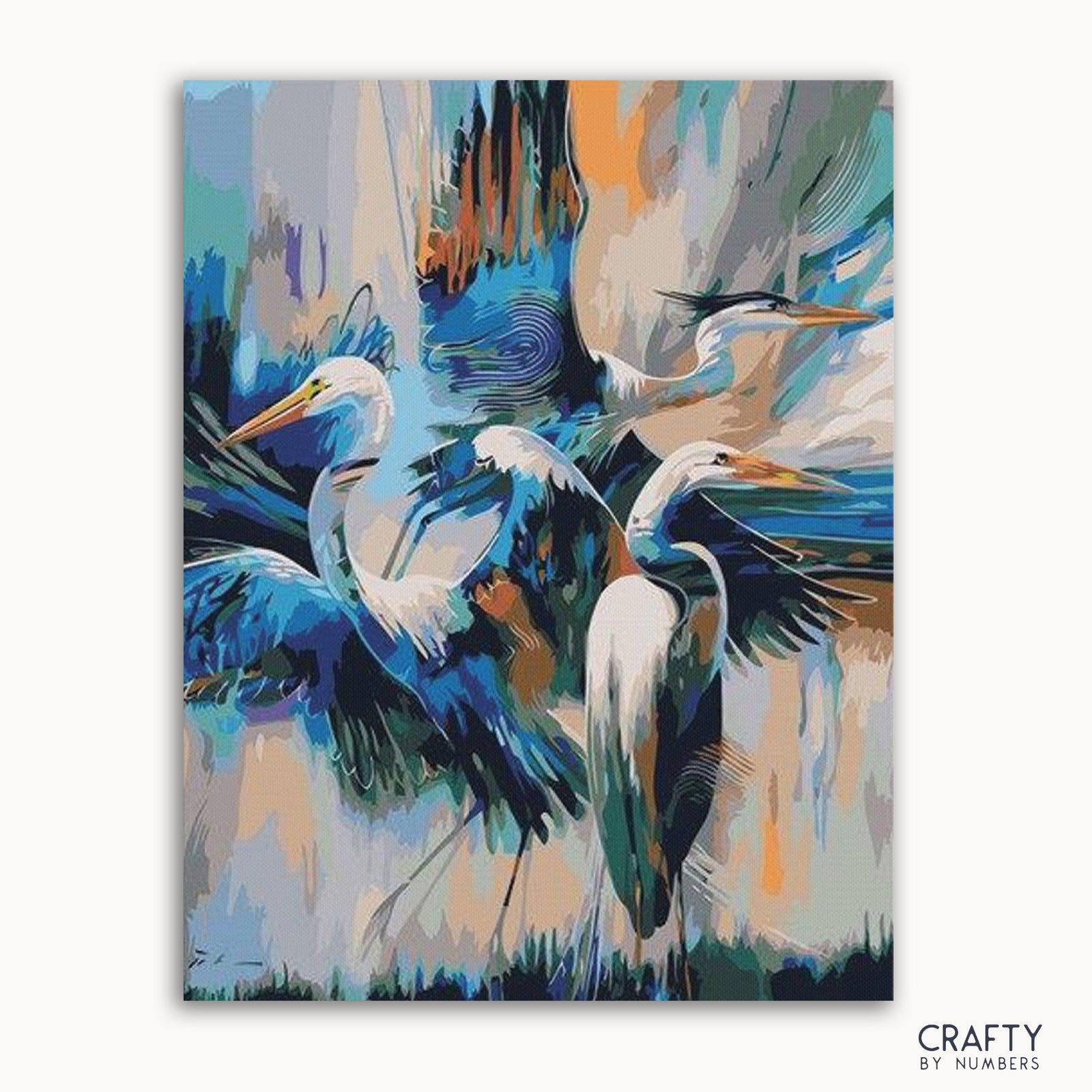 Un kit de pintura por números que representa pájaros grulla abstractos con colores vibrantes en un lienzo enmarcado.