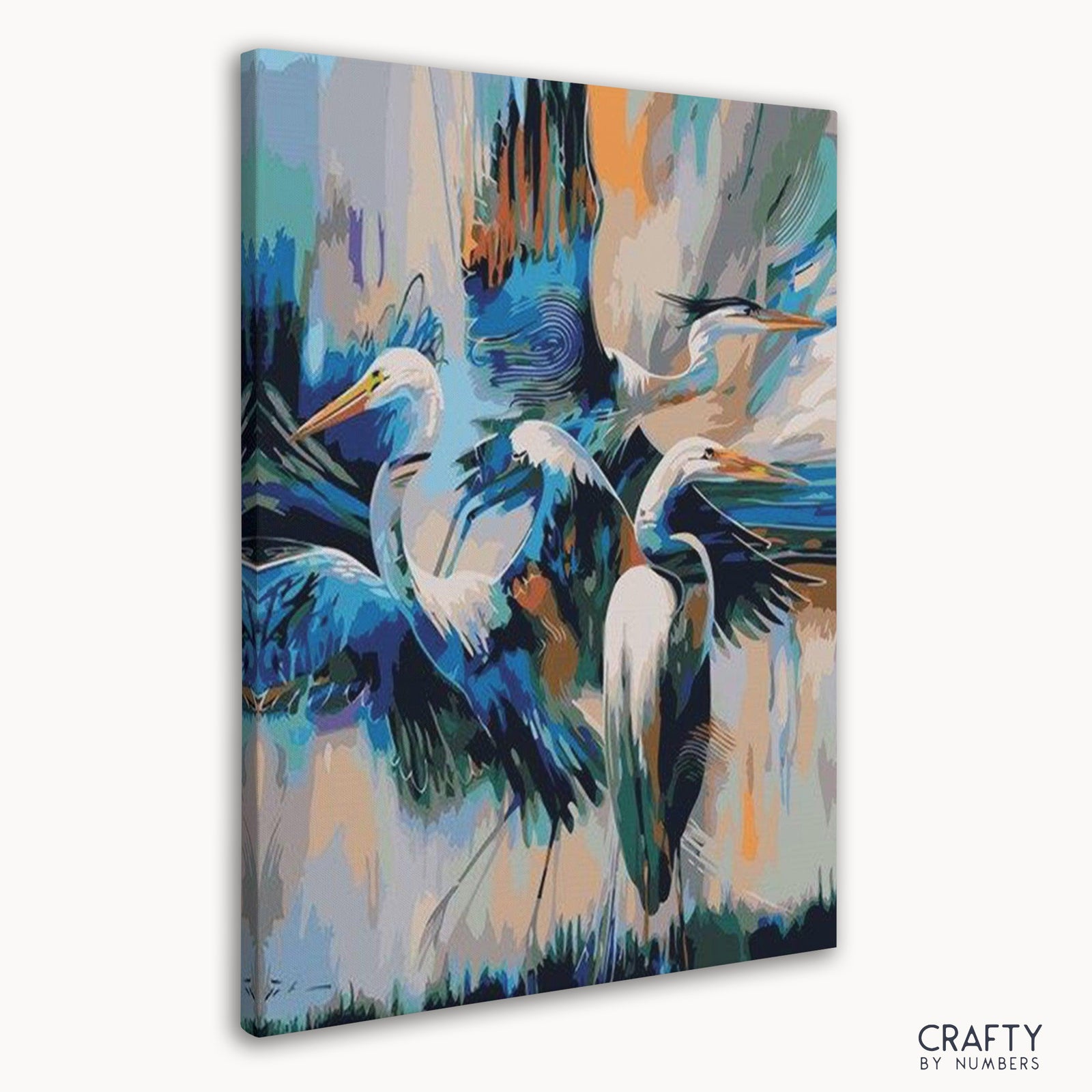 Coloridos pájaros grulla abstractos pintan por números, combinando pinturas de paisajes famosos e influencias de pinturas abstractas famosas.