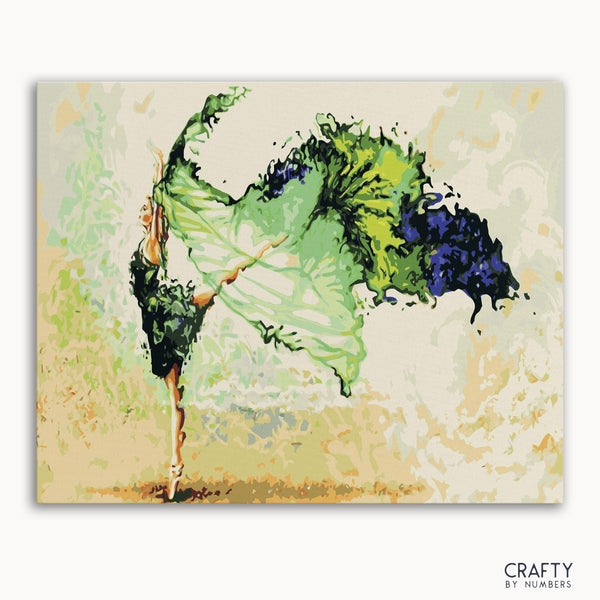 An abstract painting of a dancer with green and blue organic forms on a beige background, with the text 'CRAFTY by NUMBERS' at the bottom.