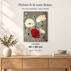 Abstract Flowers displayed on a sunlit wall above an oak cabinet. Canvas size 40 × 50 cm.