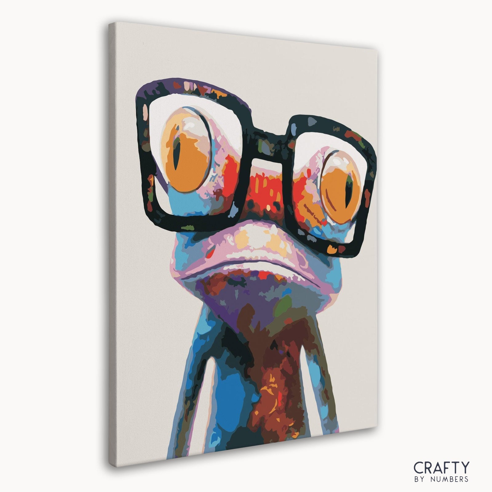 Abstract Frog design featuring expressive eyes and colorful geometric shapes