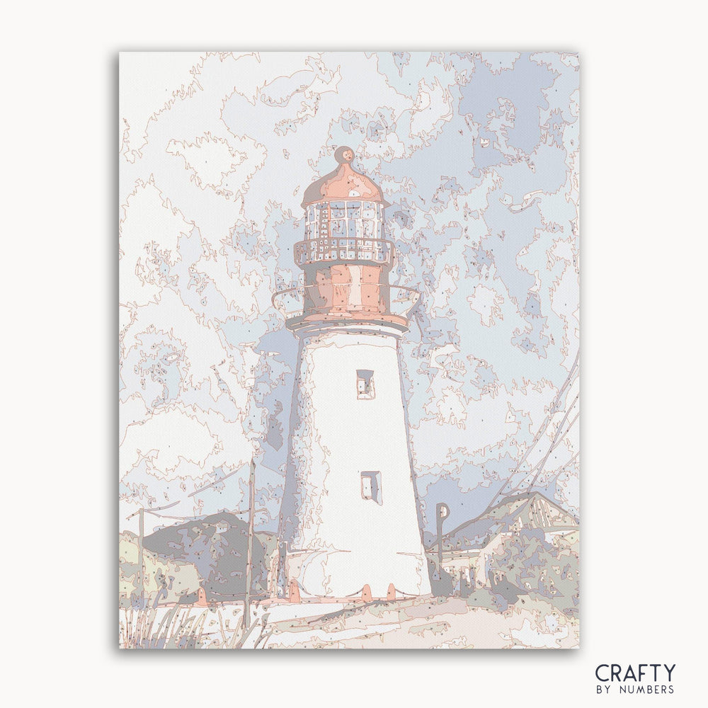Abstract lighthouse paint by numbers kit canvas close-up showing vibrant colors