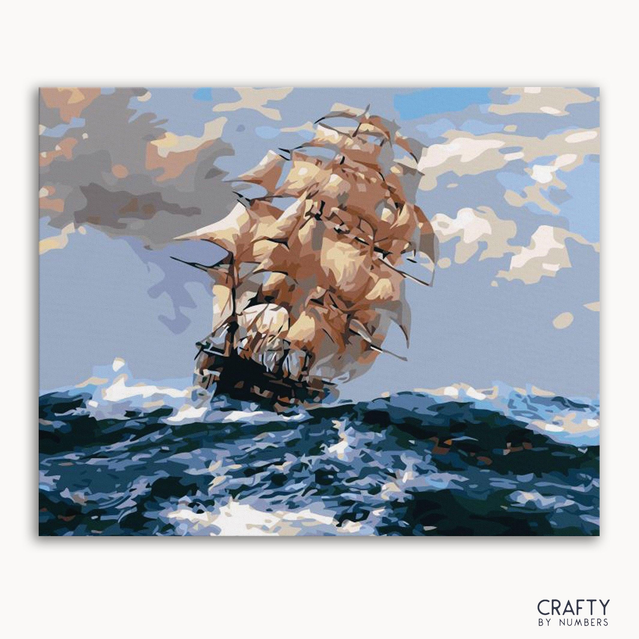 A paint-by-numbers kit image featuring an abstract sailing ship with a colorful sky and ocean waves.
