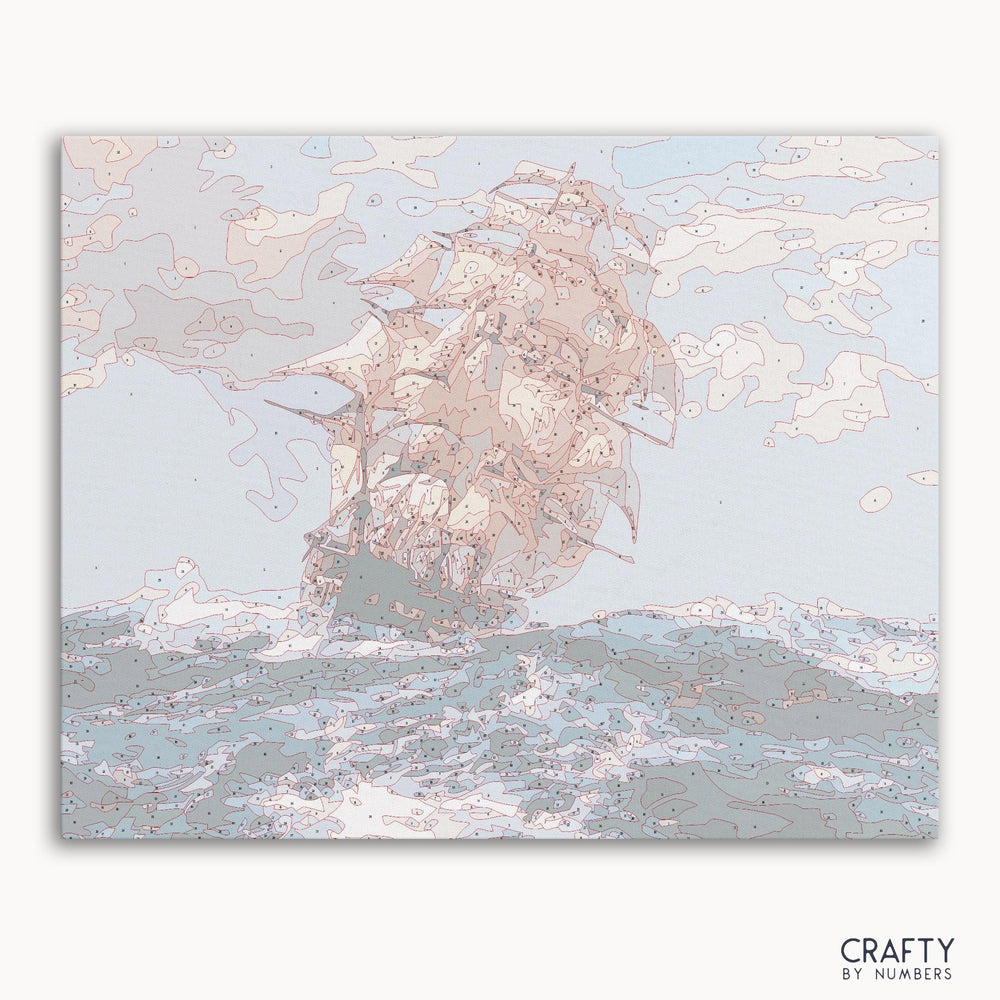 Abstract sailing ship paint by numbers inspired by famous paintings with vibrant colors.