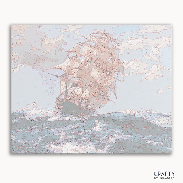 Abstract sailing ship paint by numbers inspired by famous paintings with vibrant colors.