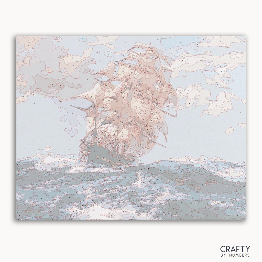Abstract sailing ship paint by numbers inspired by famous paintings with vibrant colors.