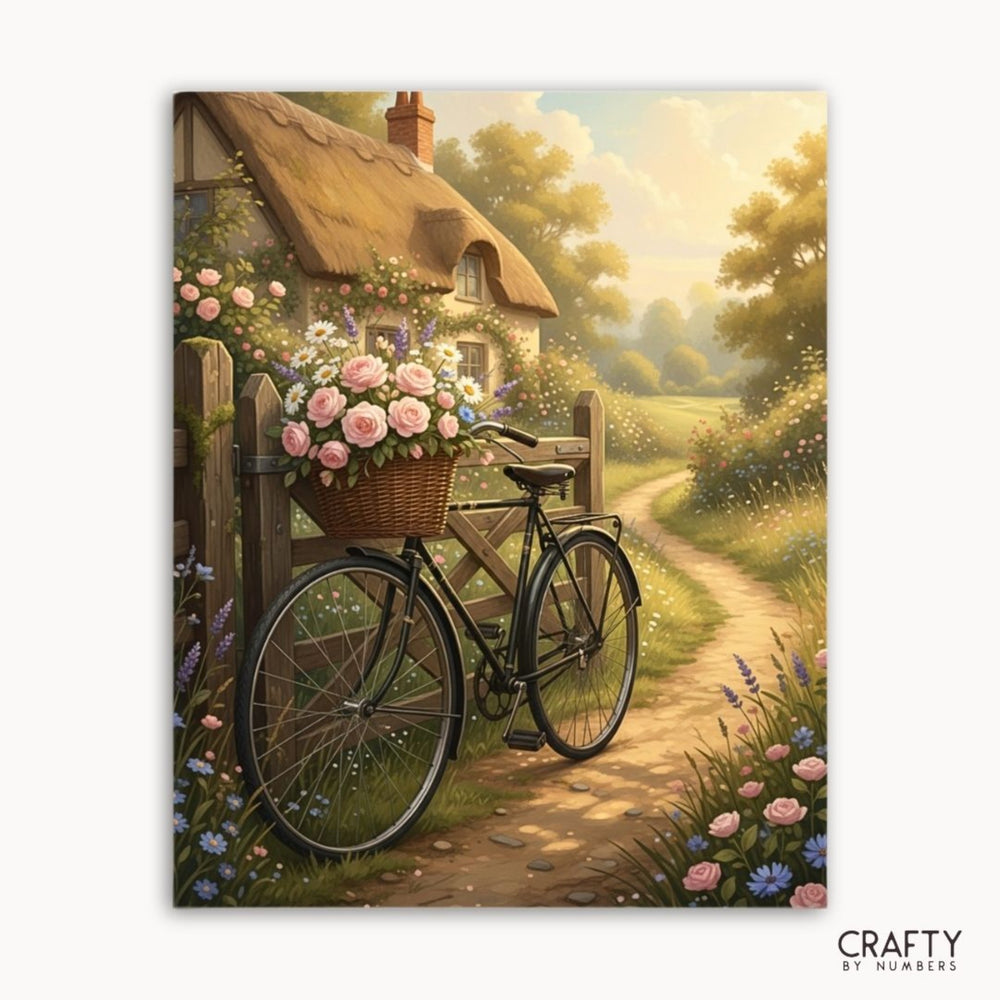 Painting of a bicycle with a basket of flowers in front of a thatched cottage.
