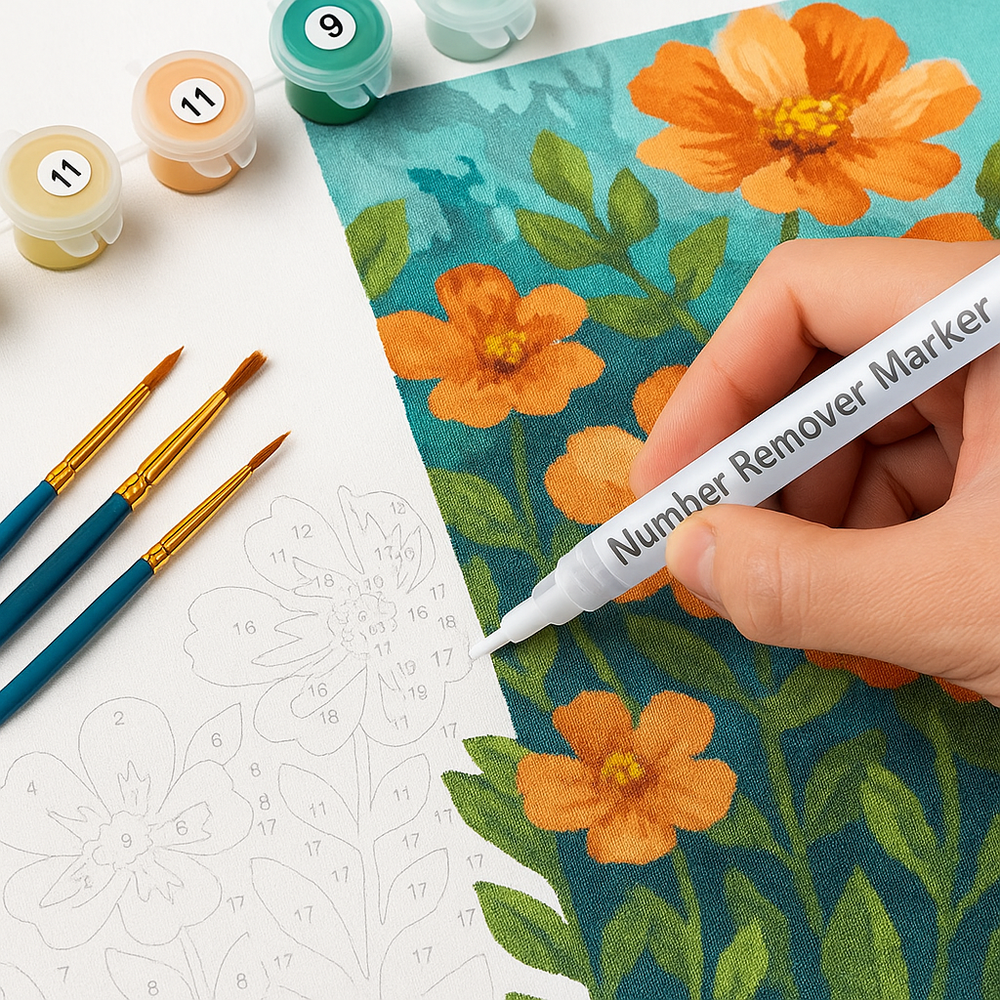 Hand using a 'Number Remover Marker' on fabric with floral design and printed pattern.