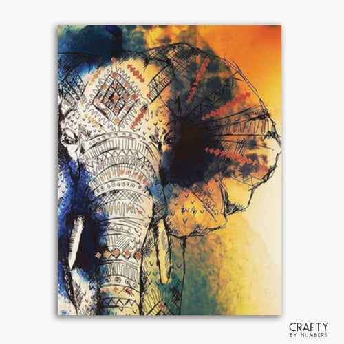 A paint-by-numbers kit image featuring a detailed illustration of an African elephant with a colorful background.