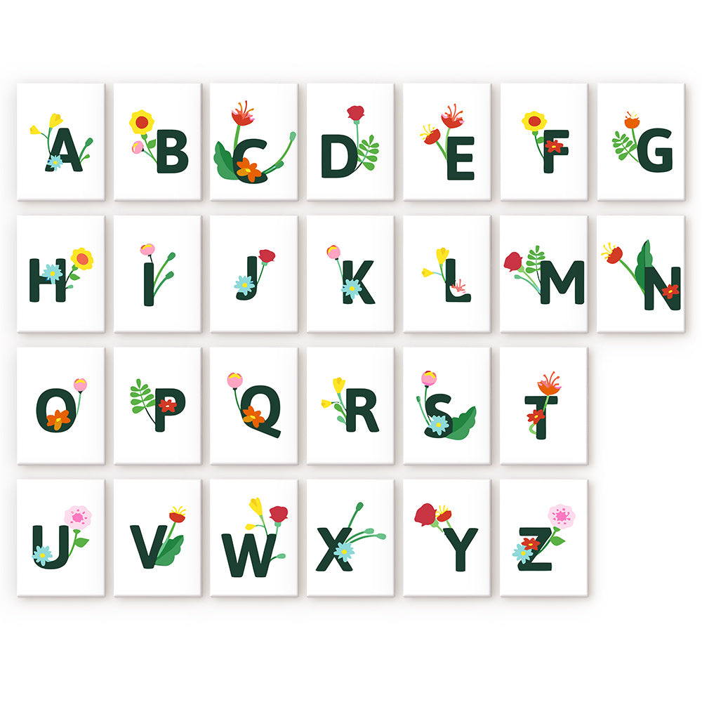The kit transforms the alphabet into a blooming botanical display, with each letter from A to Z beautifully entwined with delicate flowers and leaves, creating a serene and nature-inspired painting experience.