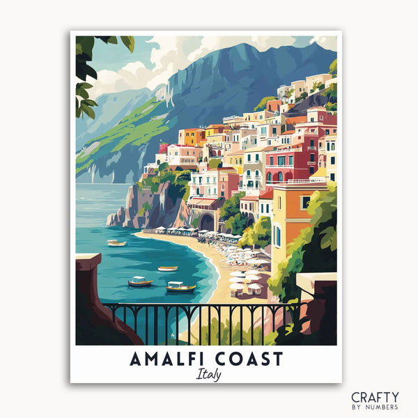 A vibrant travel poster depicting the Amalfi Coast Italy with colorful buildings on the cliffs, a clear blue sea, and boats in the foreground. A perfect Paint by numbers travel poster.collection