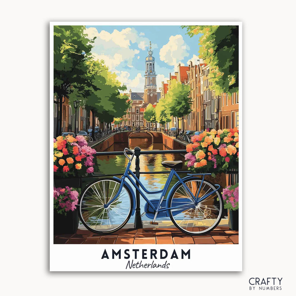 A travel poster depicting a vibrant scene with a bicycle parked alongside a canal, with colorful flowers and buildings in the background, titled 'Amsterdam Netherlands'.