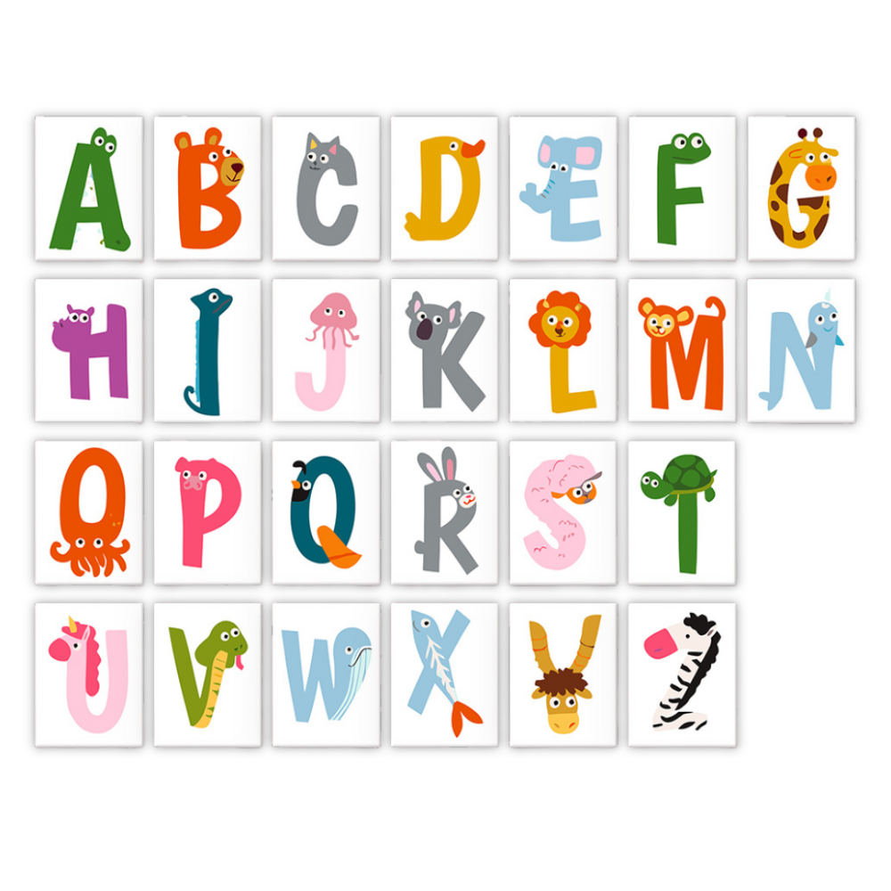 Animal Zoo Alphabet paint by numbers kit featuring a colorful letter A designed as a friendly alligator on a 6x8 inch numbered linen canvas