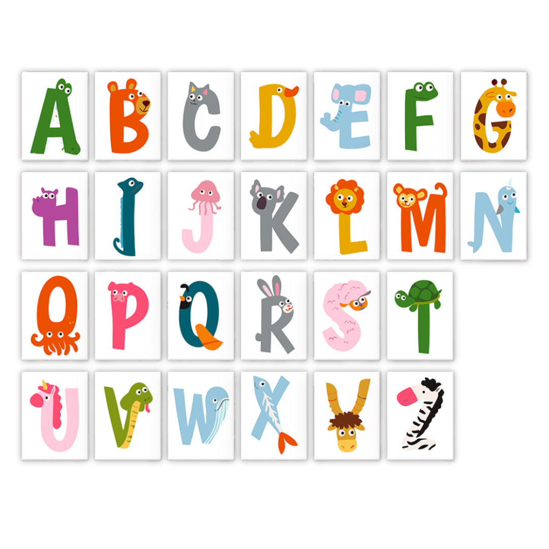 Animal Zoo Alphabet paint by numbers kit featuring a colorful letter A designed as a friendly alligator on a 6x8 inch numbered linen canvas
