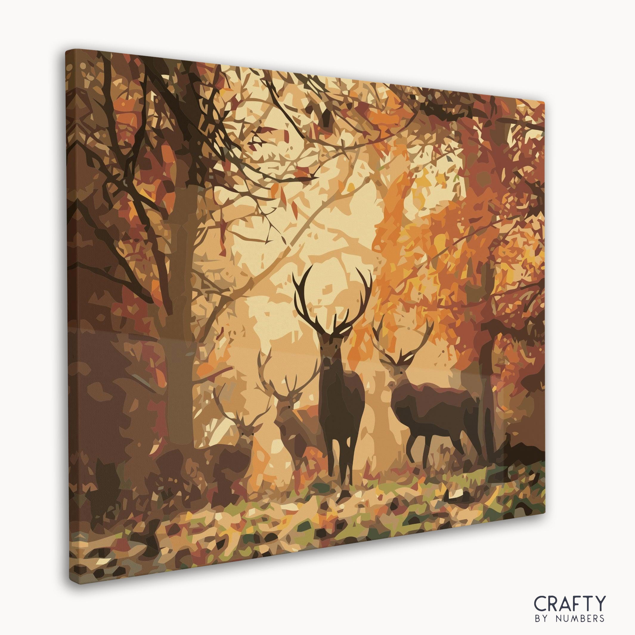 Detailed Animals in Autumn Forest scene in paint by number style featuring famous landscape paintings and famous artists paintings motifs.