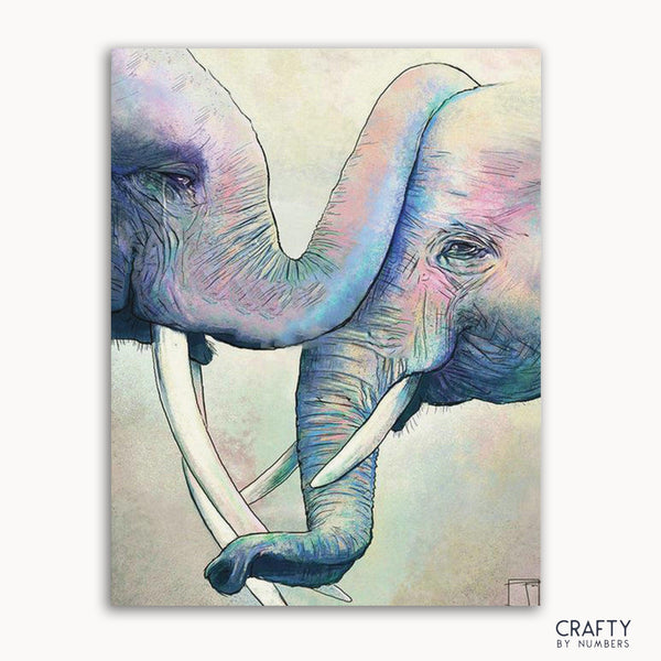 A paint-by-numbers kit depicting two elephants in a affectionate pose, with colors applied to the canvas, not yet finished.