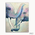 A paint-by-numbers kit depicting two elephants in a affectionate pose, with colors applied to the canvas, not yet finished.