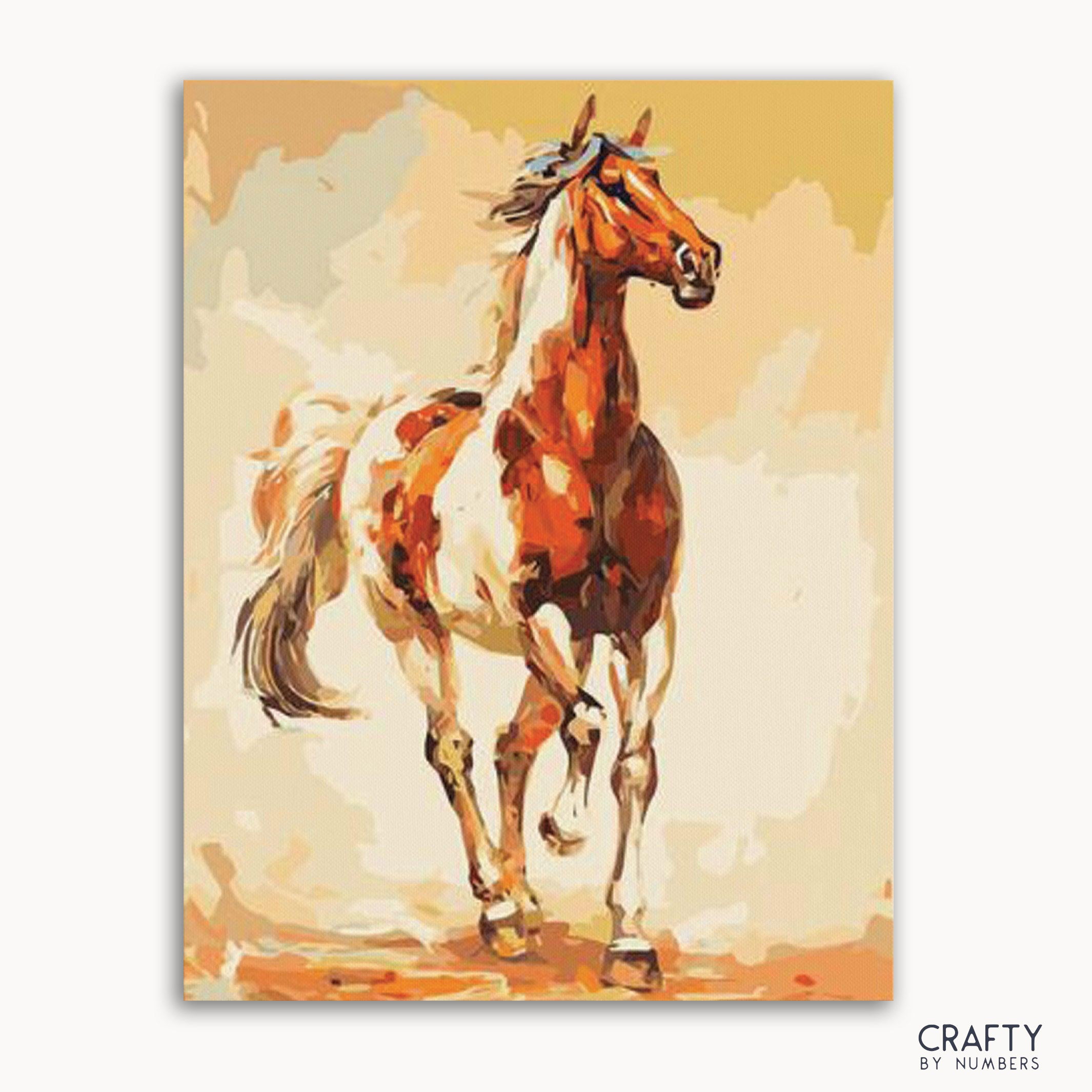 A paint-by-numbers kit depicting a horse, with a 'Crafty by Numbers' logo in the bottom right corner.