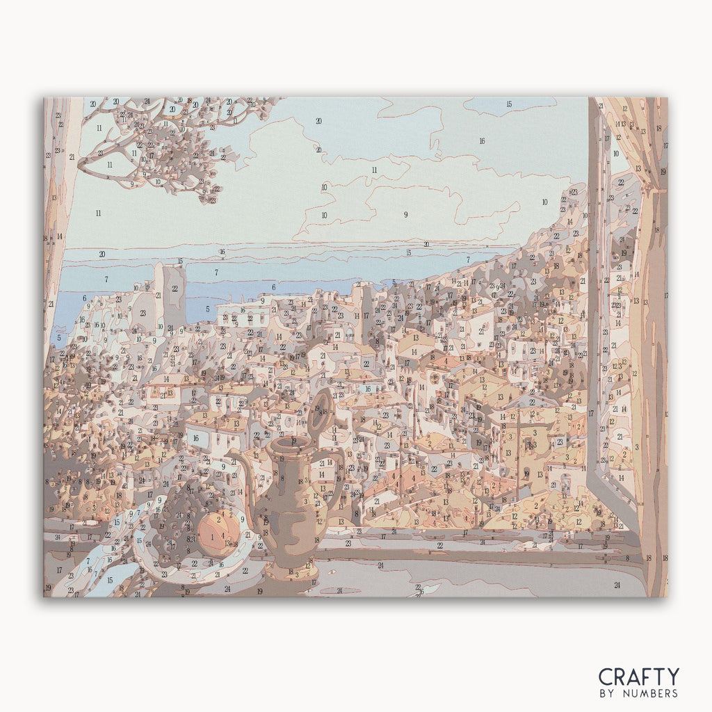 Numbered canvas preview for Artistic Village, with lightly printed color sections.