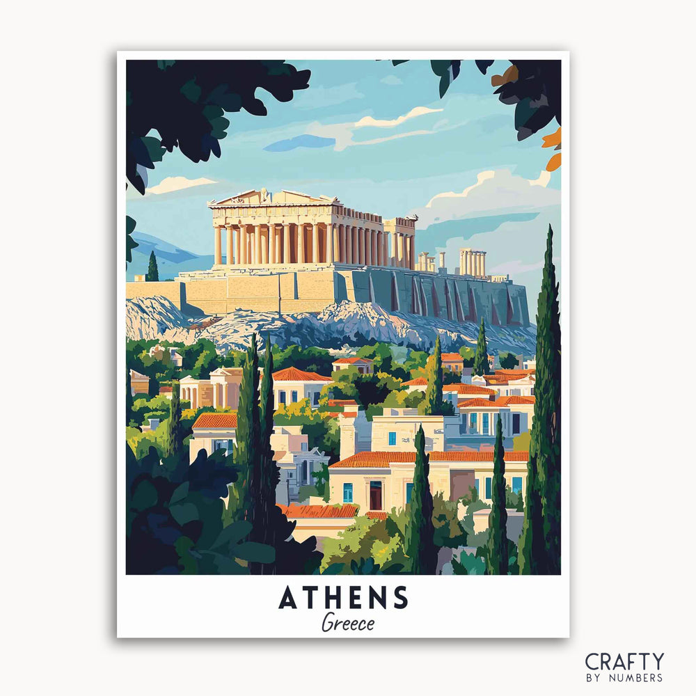 A travel poster depicting the Acropolis in Athens, Greece, with the parthenon prominently displayed, surrounded by a blue sky, green trees, and white buildings.