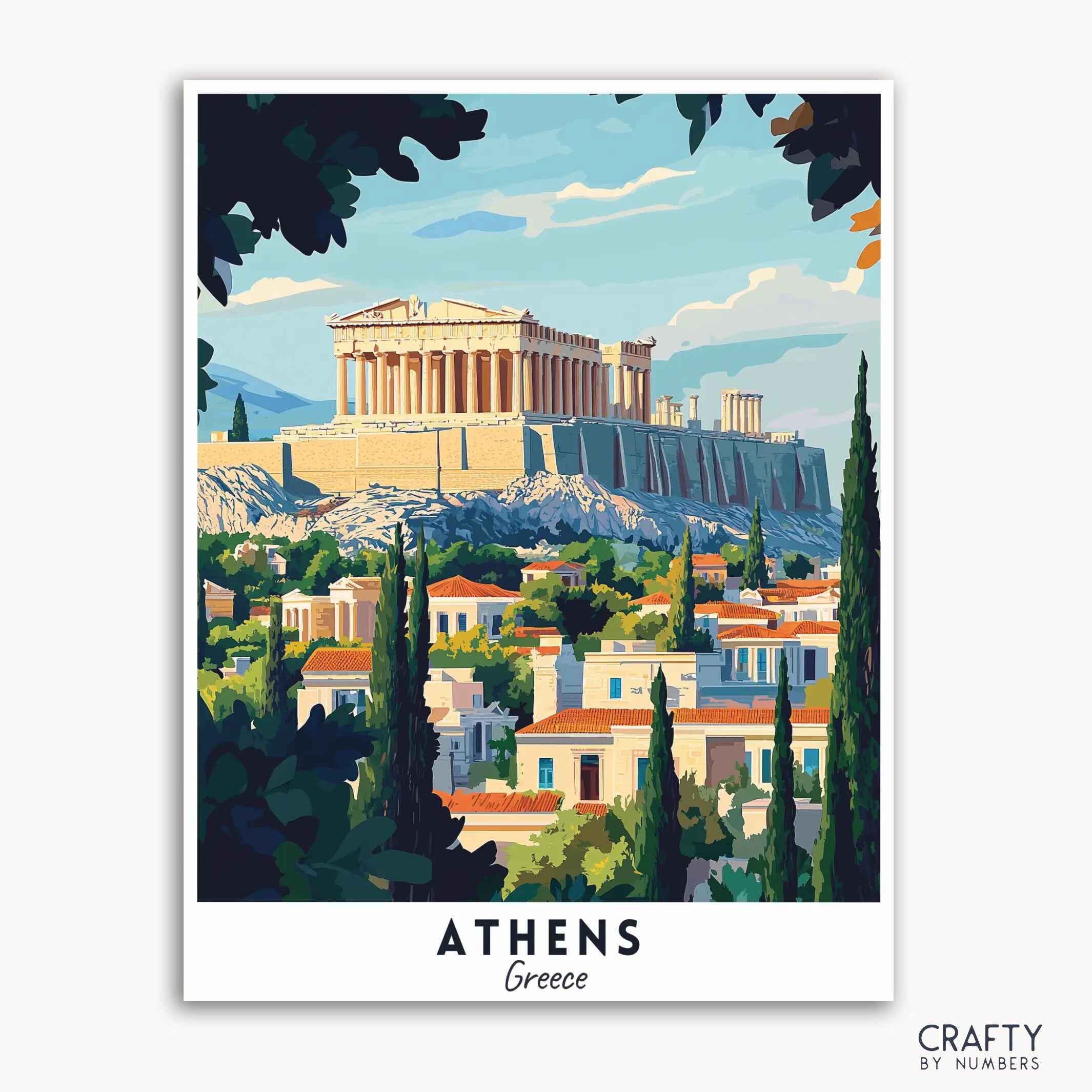 A travel poster depicting the Acropolis in Athens, Greece, with the parthenon prominently displayed, surrounded by a blue sky, green trees, and white buildings.