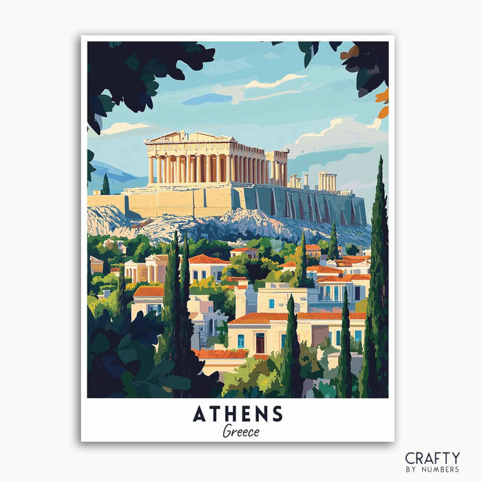 A travel poster depicting the Acropolis in Athens, Greece, with the parthenon prominently displayed, surrounded by a blue sky, green trees, and white buildings.