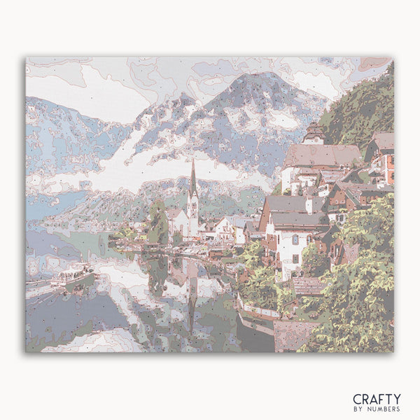 Austrian Alps Town paint by numbers kit front cover with mountain village scene