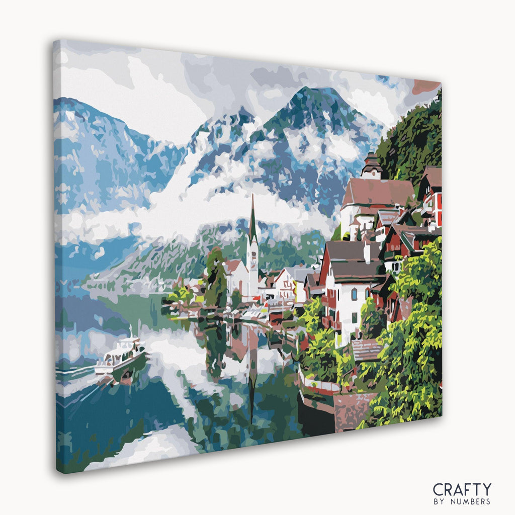 Angled view of the Austrian Alps Town canvas artwork.