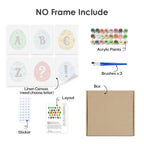 Artistic supply kit with linen canvas, acrylic paints, brushes, and other materials on a white background.