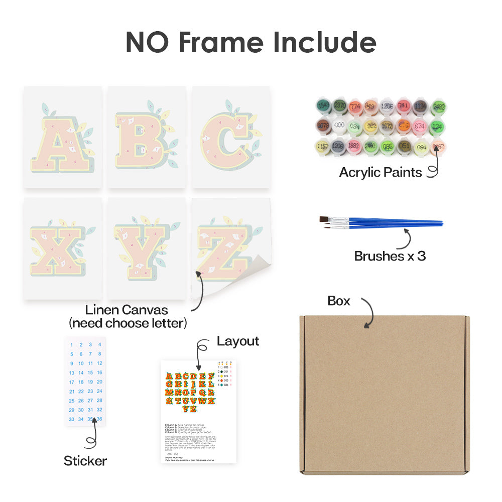 Product bundle with linen canvas, acrylic paints, brushes, and a box on a white background.