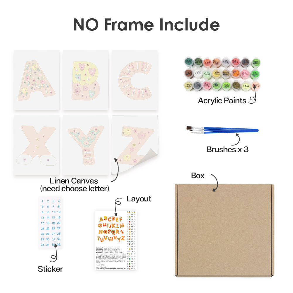 Artistic supply kit with linen canvas, acrylic paints, brushes, and a box on a white background.