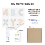 Artistic painting kit with linen canvas, acrylic paints, brushes, and layout guide on a white background.