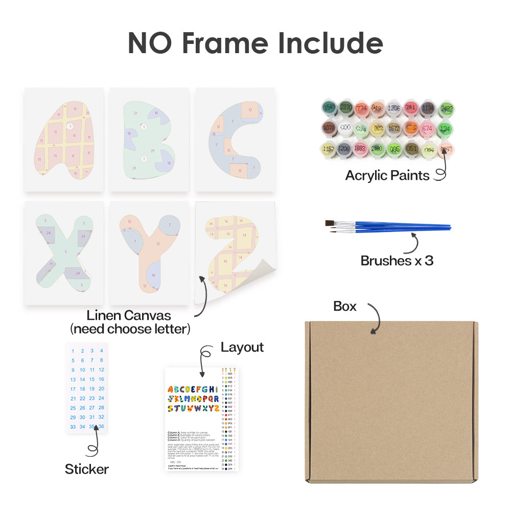 Artistic painting kit with linen canvas, acrylic paints, brushes, and layout guide on a white background.