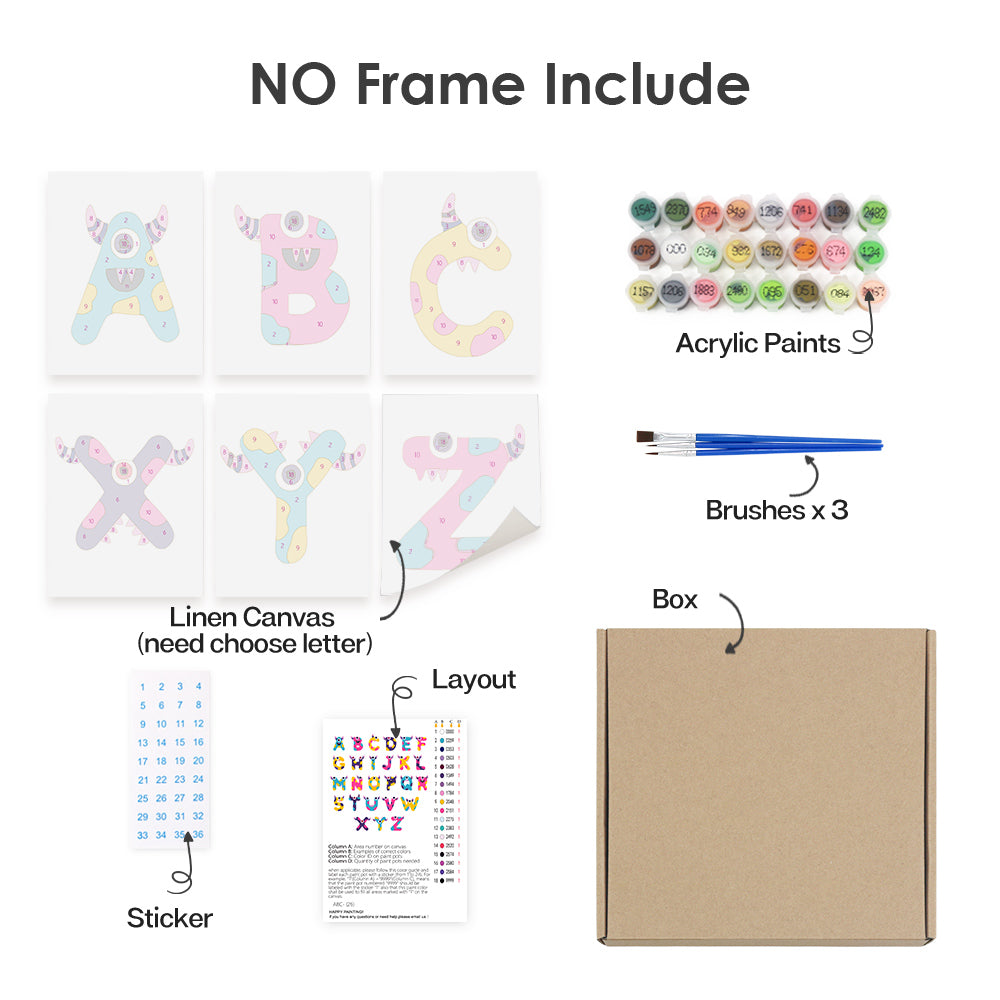 Artistic painting kit with linen canvas, acrylic paints, brushes, and letter stickers on a white background.
