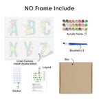 Artistic set with linen canvas, acrylic paints, brushes, and other supplies on a white background.